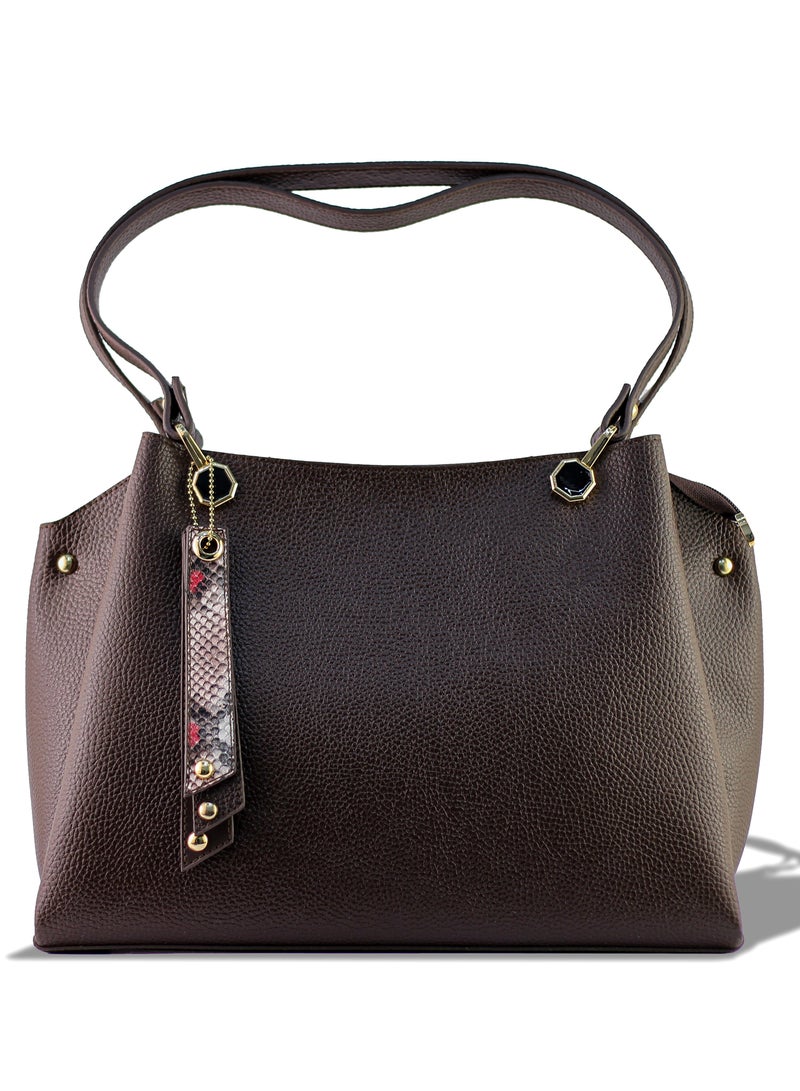 Elegant Women’s Handbag Premium Pebbled Leather with Snakeskin Tassel Accent Trendy Tote for Work & Daily Use (Brown)